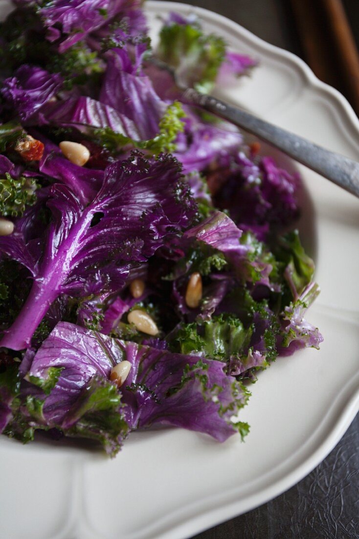 Purple kale salad with pine nuts and dried tomatoes