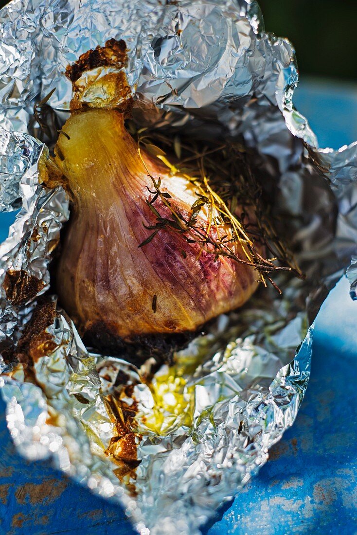Roasted garlic in aluminium foil