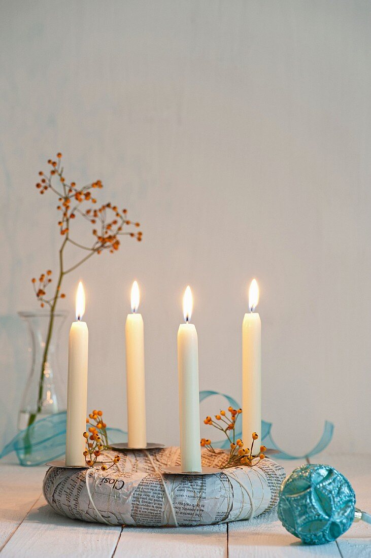 Advent wreath hand made from newspaper