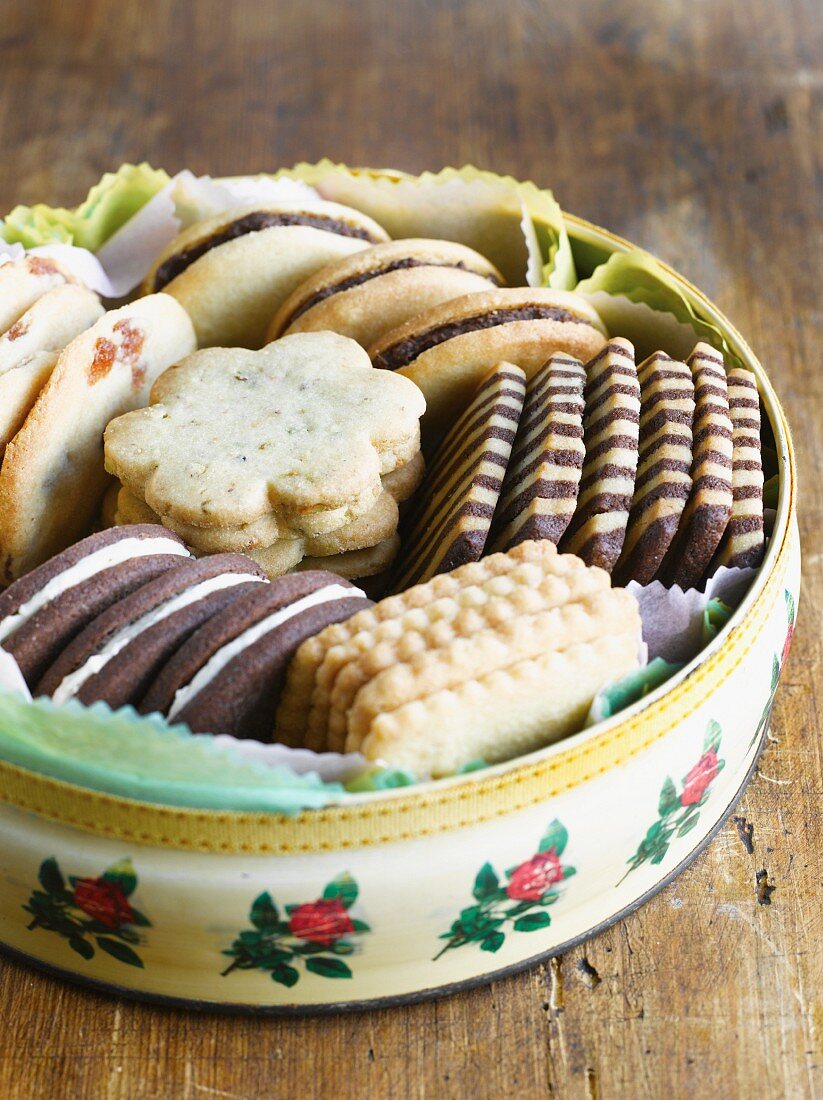 Various biscuits in a biscuit tin