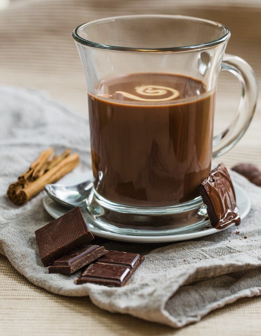 Hot chocolate in a glass cup
