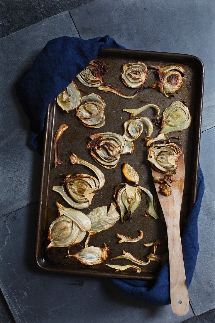 Ofengerösteter Fenchel auf Backblech (Aufsicht)