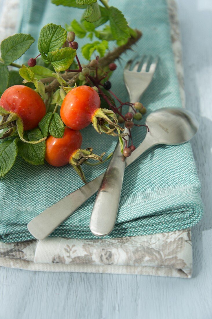 A place setting with cutlery and rosehips