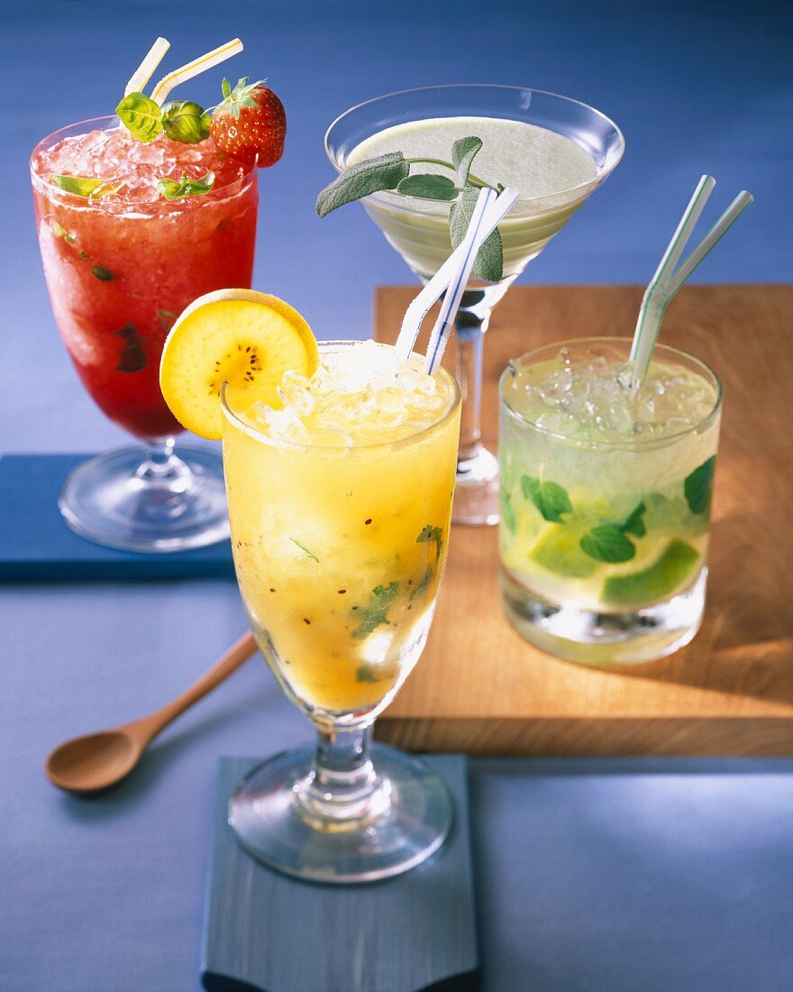 Four cocktails: Red Zora, Melosa, Yellow Mellow, Mojito