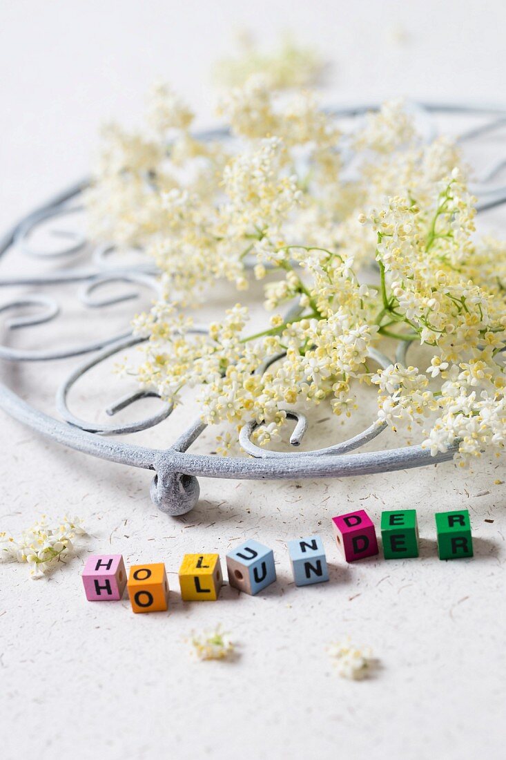 Elderflowers on a pot holder with letter pearls