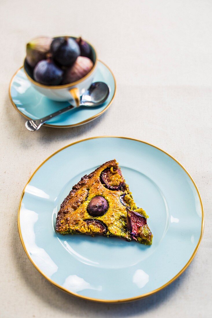 A slice of fig and pistachio tart