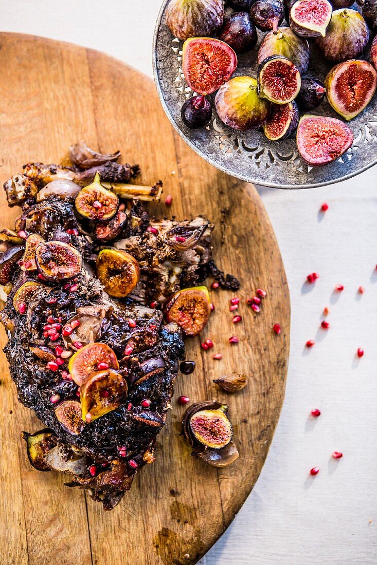 Roast leg of lamb with figs and pomegranate syrup