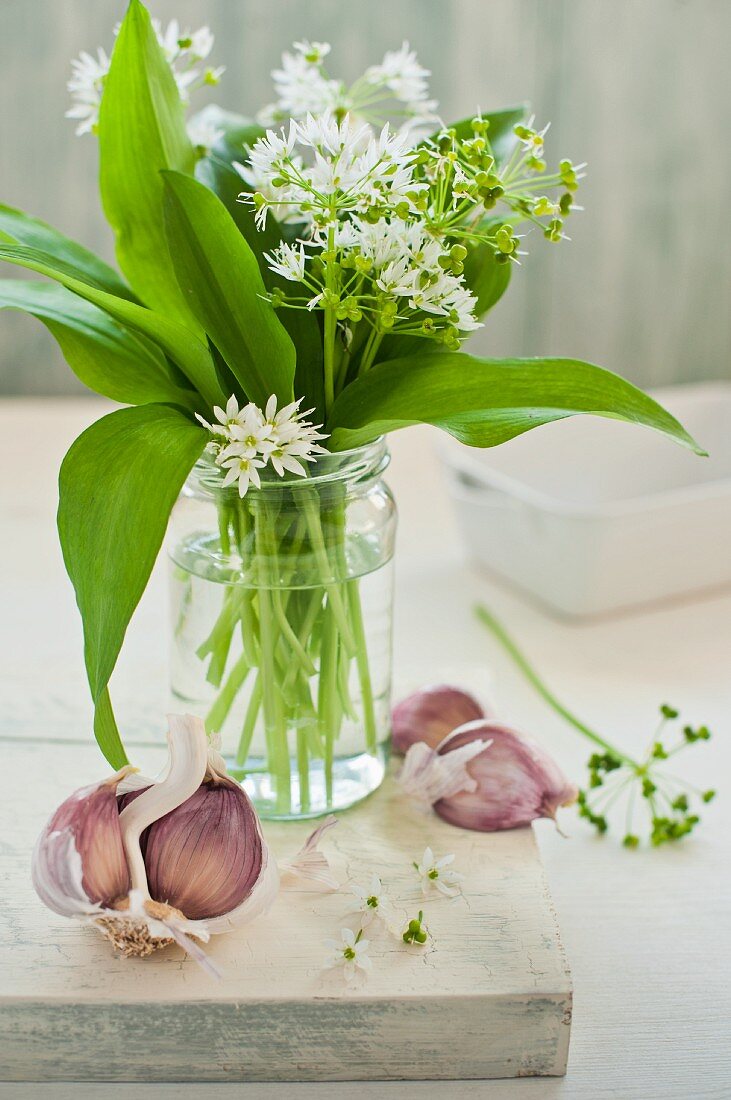 Wild garlic with flowers in a glass of water with garlic cloves on a chopping board