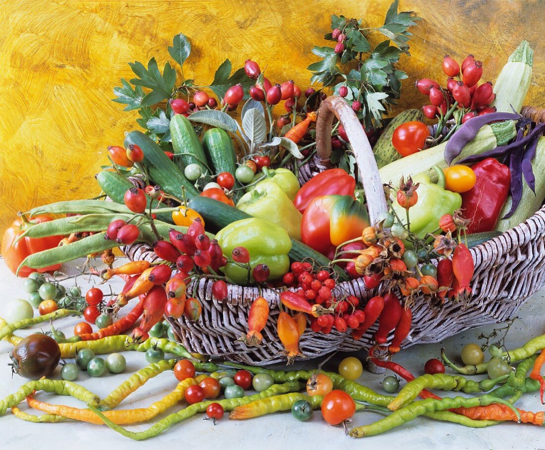 A basket of various vegetables and rosehips