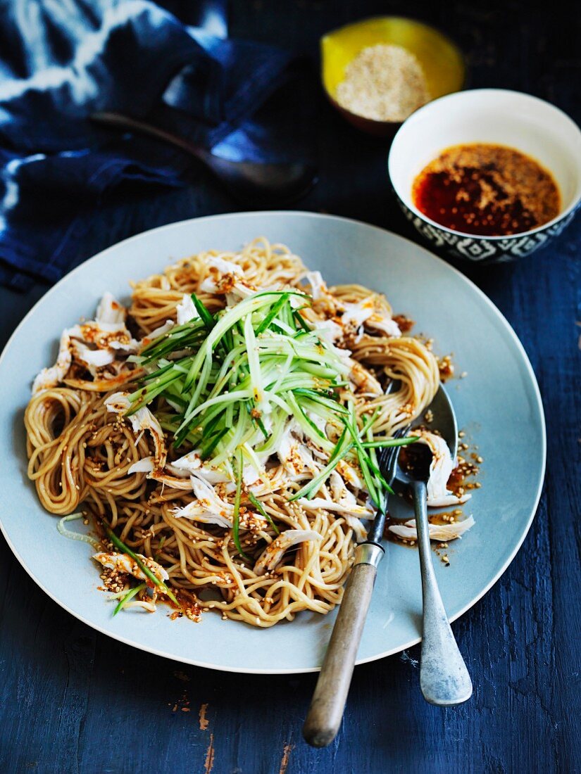 Sichuan-Nudelsalat mit Huhn und Gurkenstreifen (Asien)