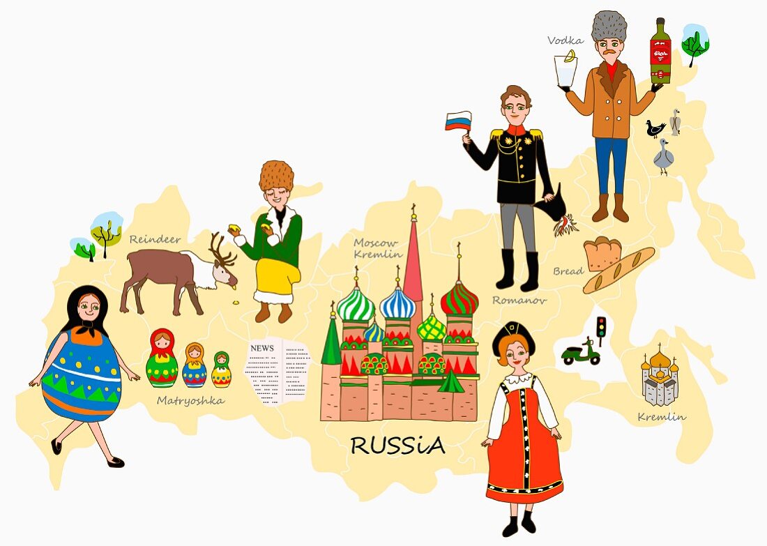 An illustration of Russia featuring typical attractions on a map