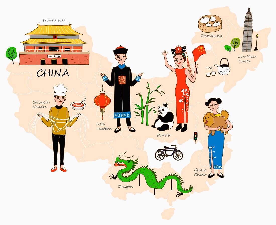 Symbolbild für China mit typischen Attraktionen auf Landkarte (Illustration)