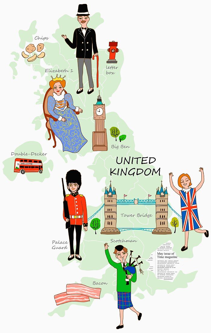 An illustration of the United Kingdom featuring attractions on a map (illustration)