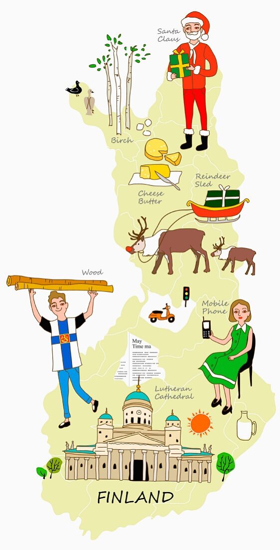 An illustration of Finland featuring typical attractions on a map