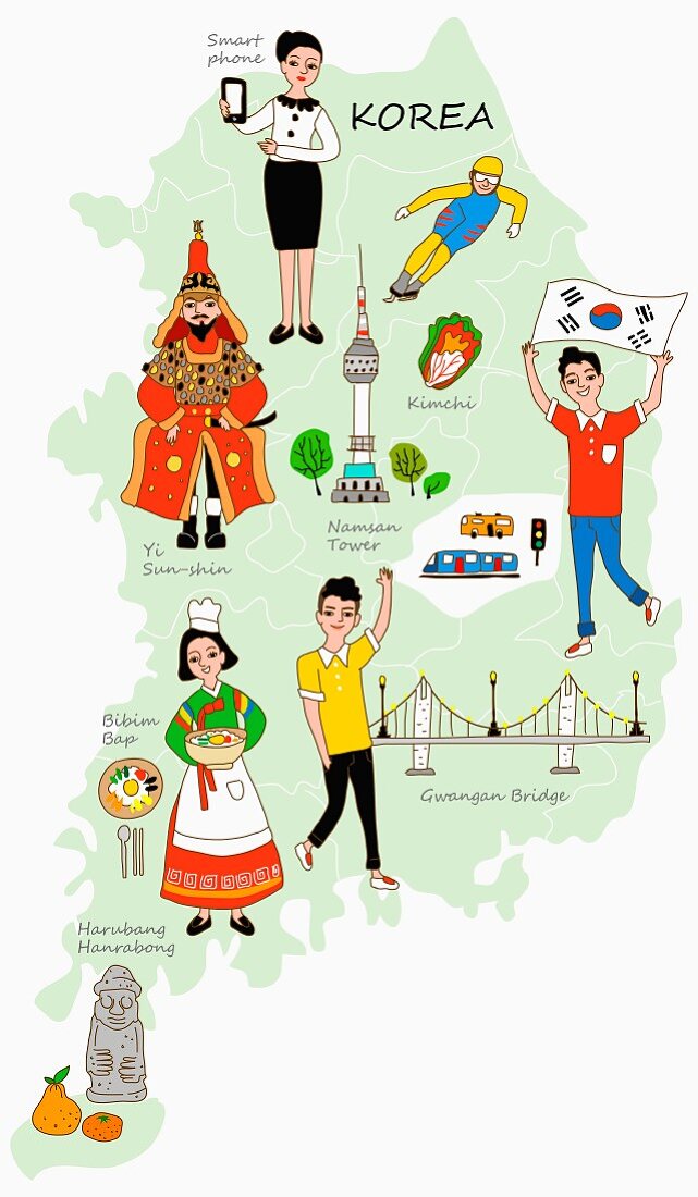 An illustration of Korea featuring typical attractions on a map