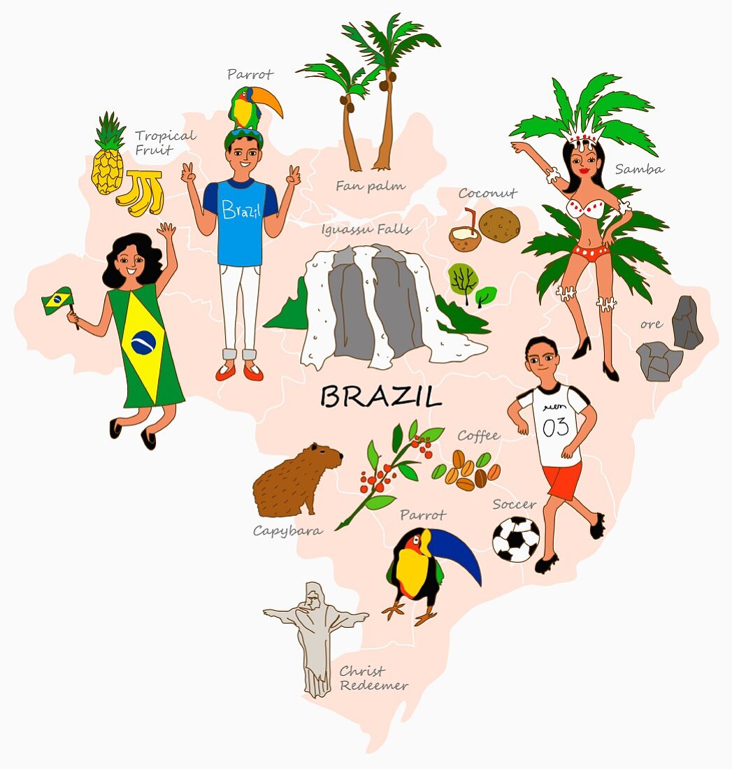 An illustration of Brazil featuring typical attractions on a map