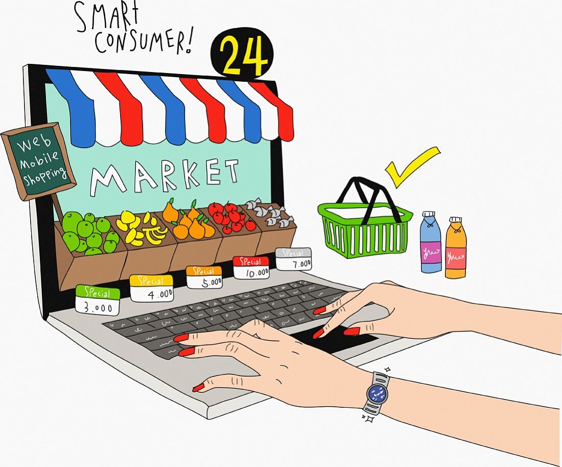Verbraucher beim Online-Einkauf von Lebensmitteln (Illustration)