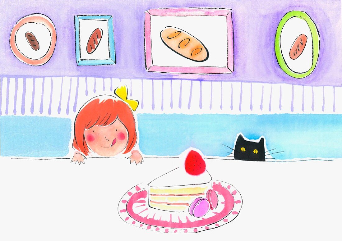 A little girl and a cat looking over the edge of a table at a slice of cake (illustration)