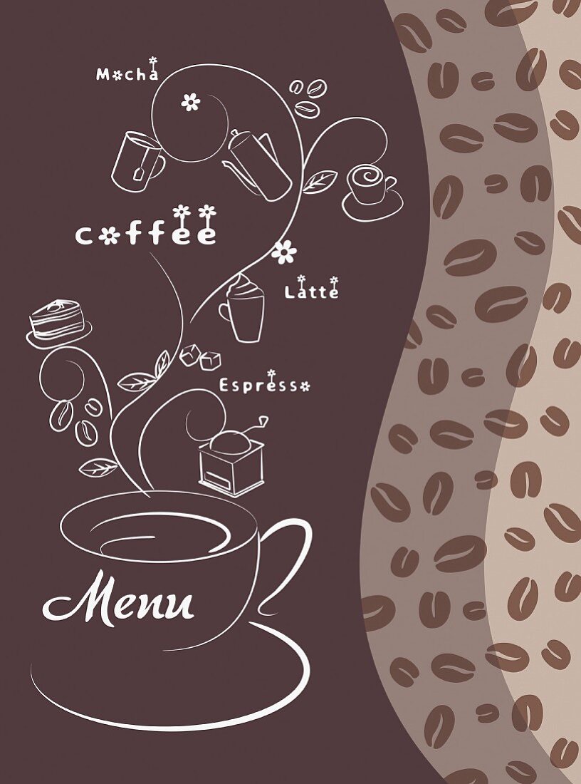 A cafe menu illustrated with coffee cups and various types of coffee