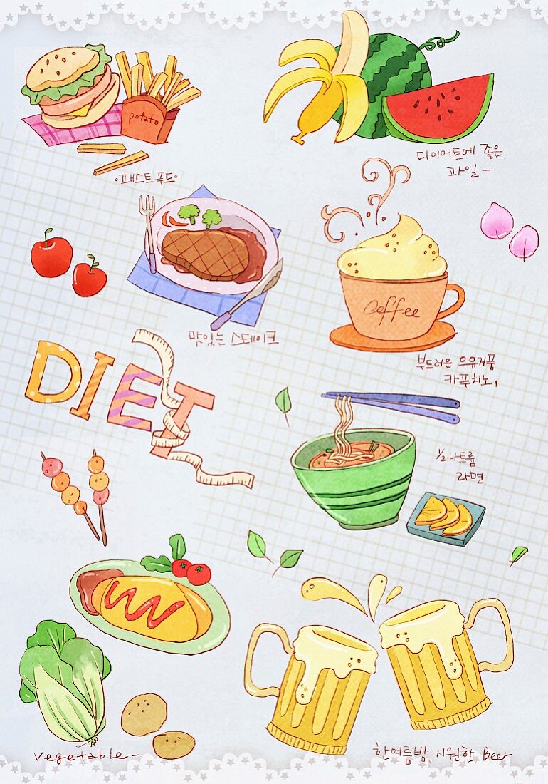 Various illustrations on the topic of dieting