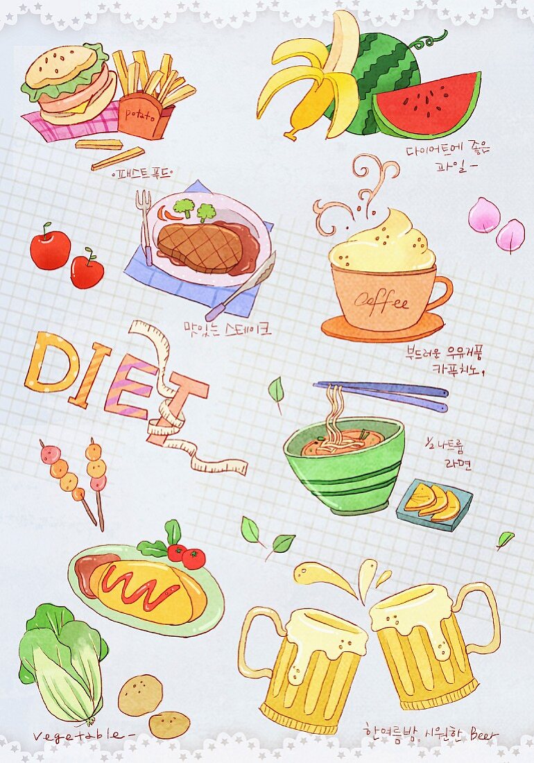 Verschiedene Motive zum Thema Diät (Illustration)