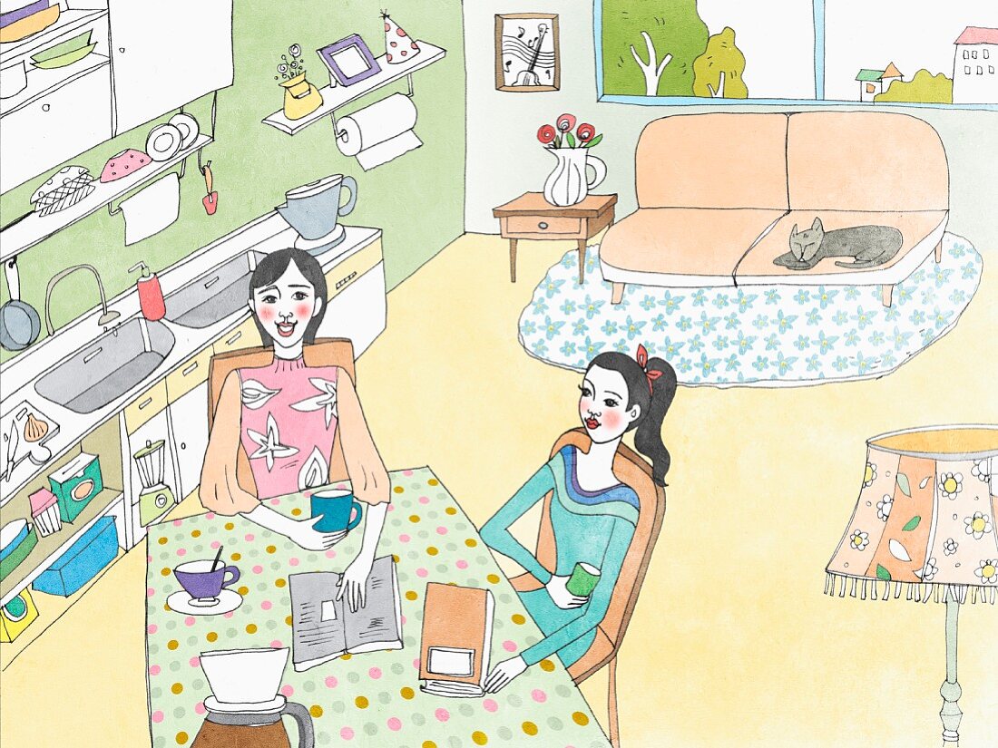 Two women drinking coffee in a kitchen (illustration)
