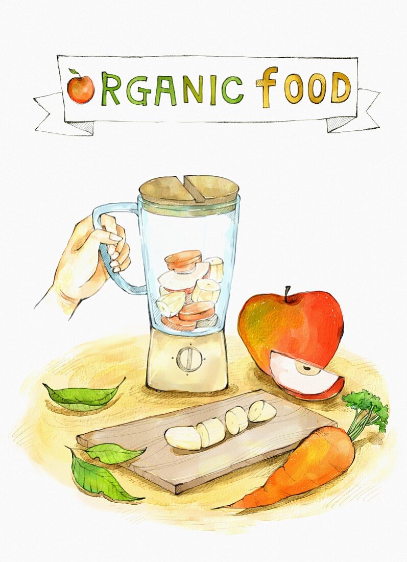Symbolbild für Organic Food mit Obst, Gemüse & Mixer (Illustration)