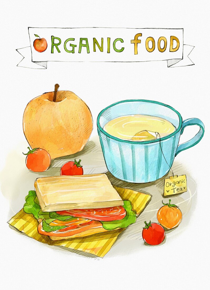An arrangement of organic food (illustration)