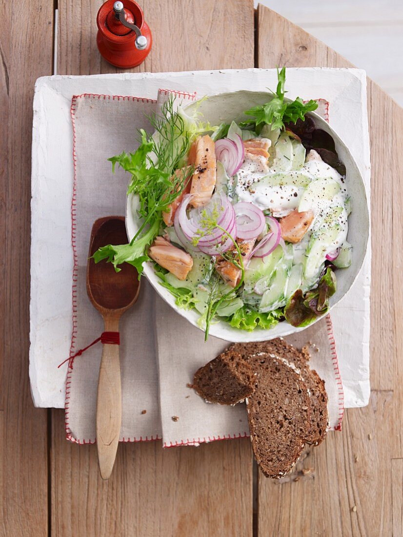 Gurken-Lachs-Salat mit Zwiebeln und Brot