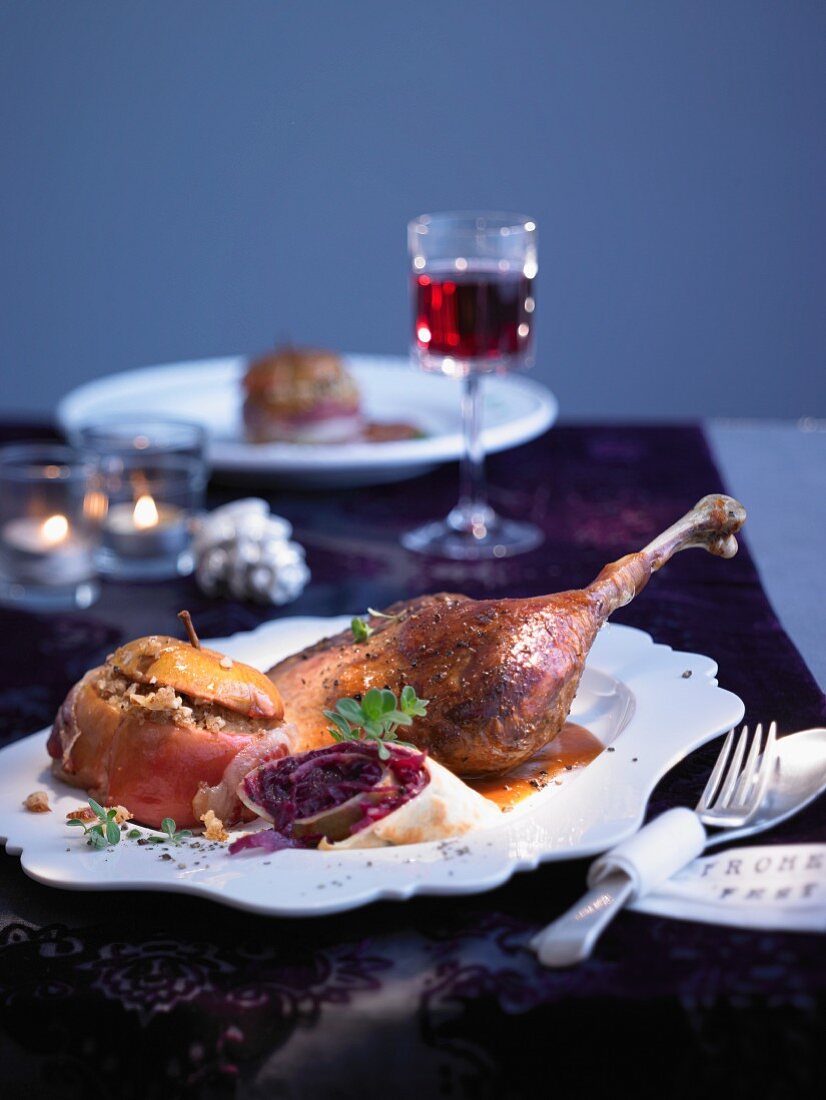 Roast goose with baked apple sauce for Christmas