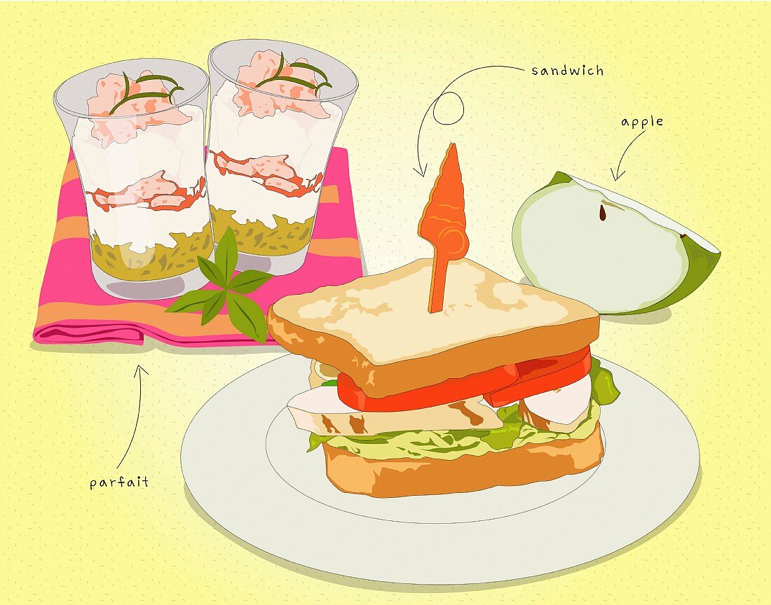 A sandwich, parfait and an apple wedge (illustration)
