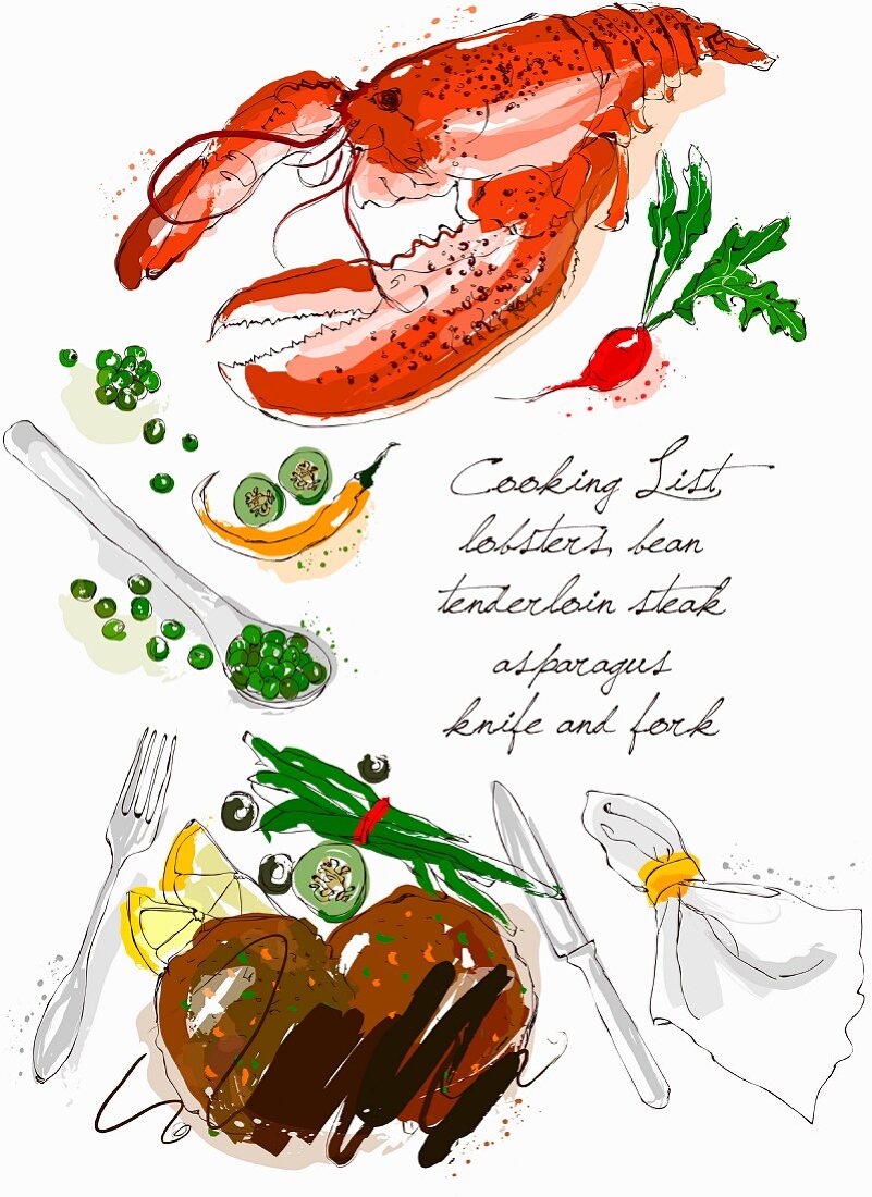 An arrangement of lobster, steak, vegetables and cutlery (illustration)