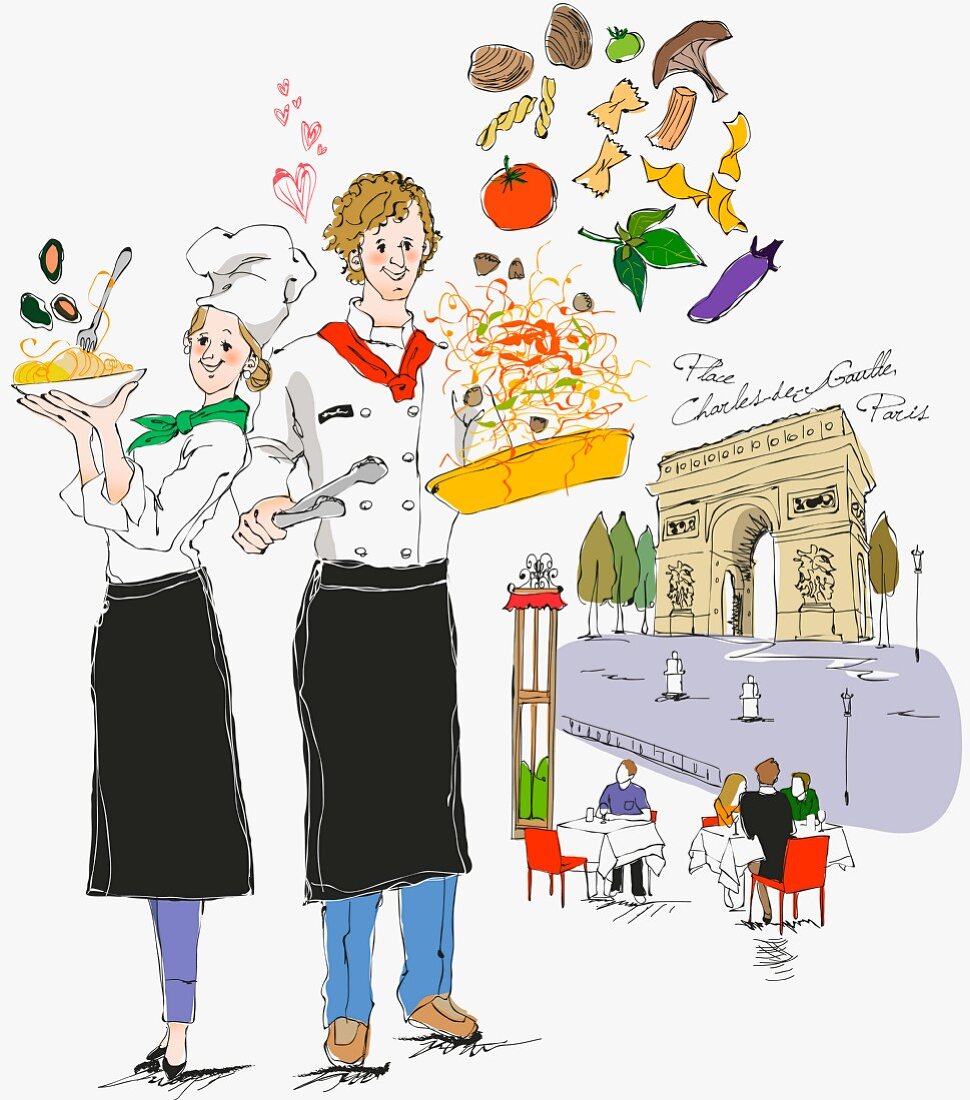 Zwei französische Köche mit Gerichten, im Hintergrund Pariser Triumpfbogen