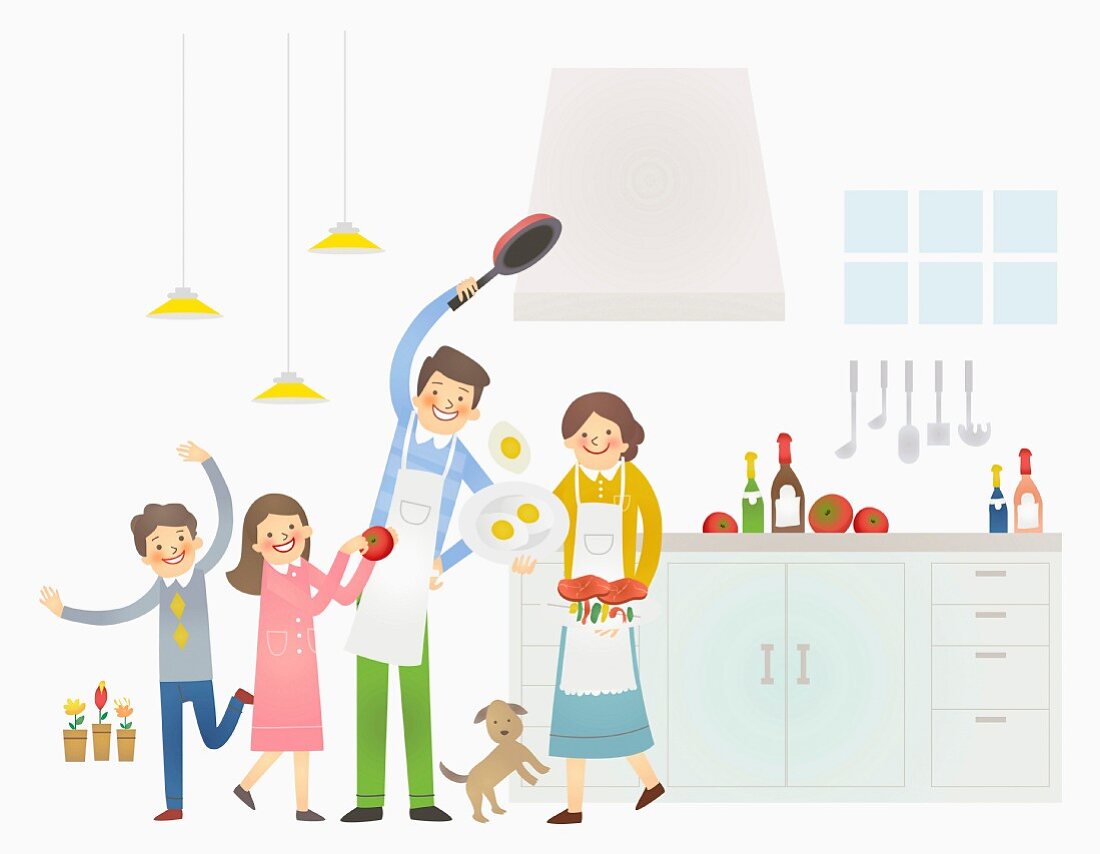 Glückliche Familie kocht gemeinsam in der Küche (Illustration)