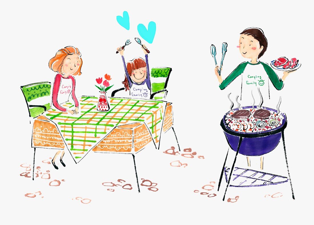 A family having a barbecue (illustration)
