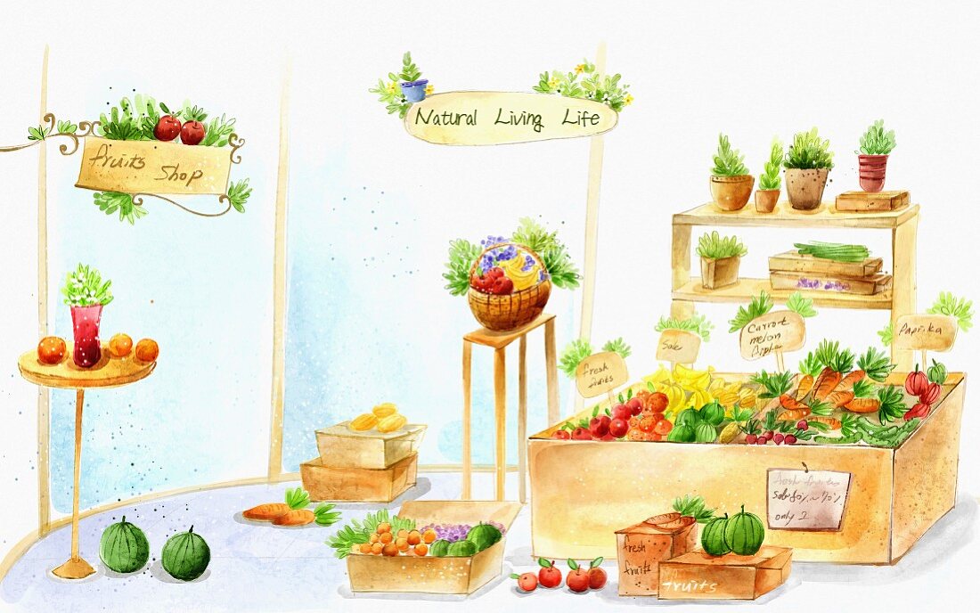 Geschäft mit Obst, Gemüse & Kräutern (Illustration)