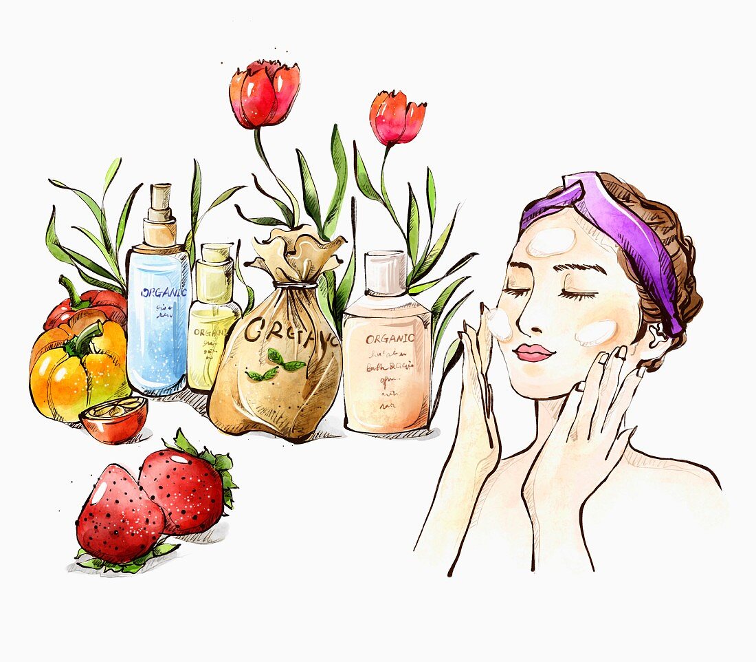 Woman moisturising face and ingredients for natural cosmetics (illustration)