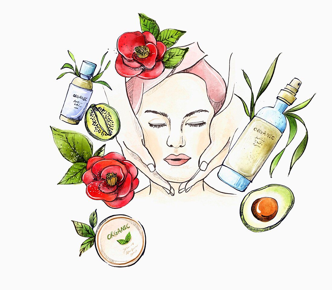 Woman receiving facial massage surrounded by ingredients used in natural cosmetics (illustration)