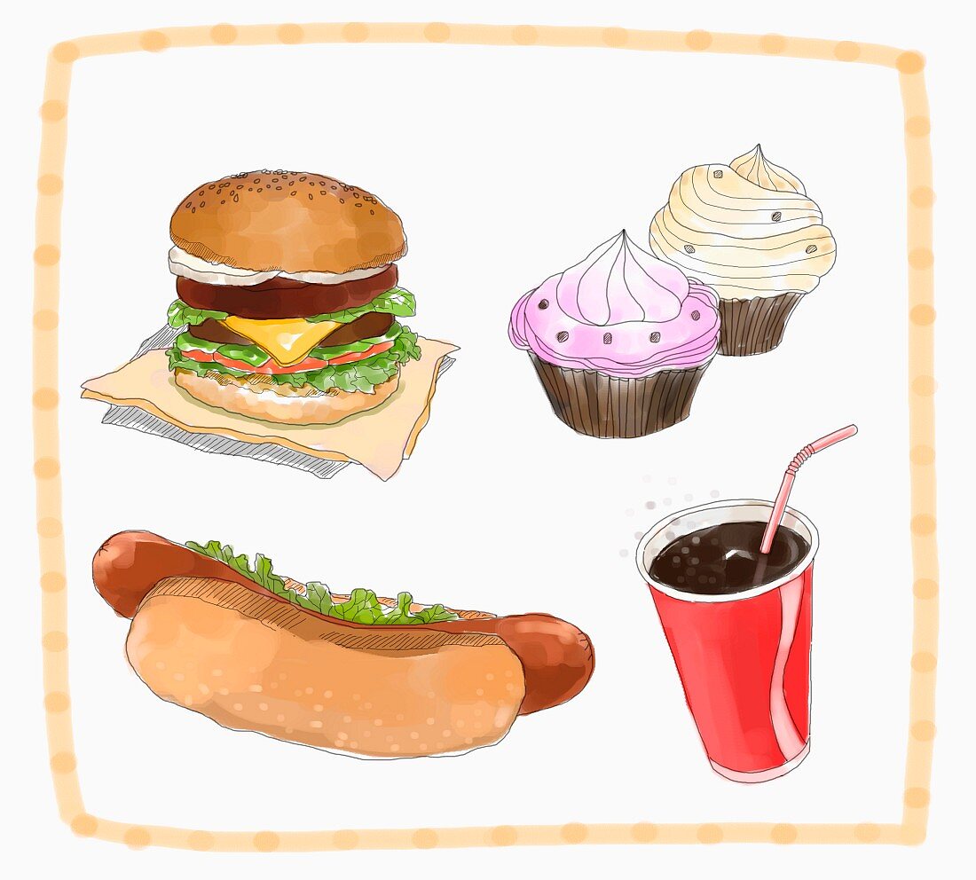 Various snacks: a burger, a hot dog, cupcakes and cola (illustration)