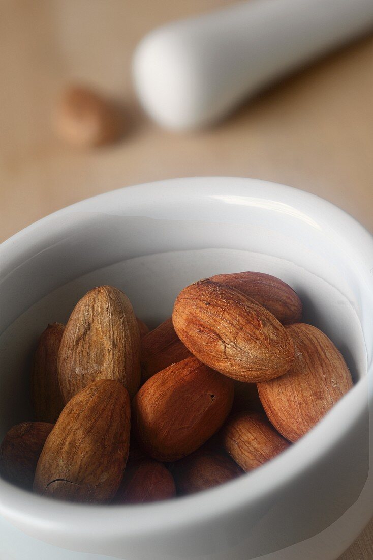 Cacao beans in a mortar