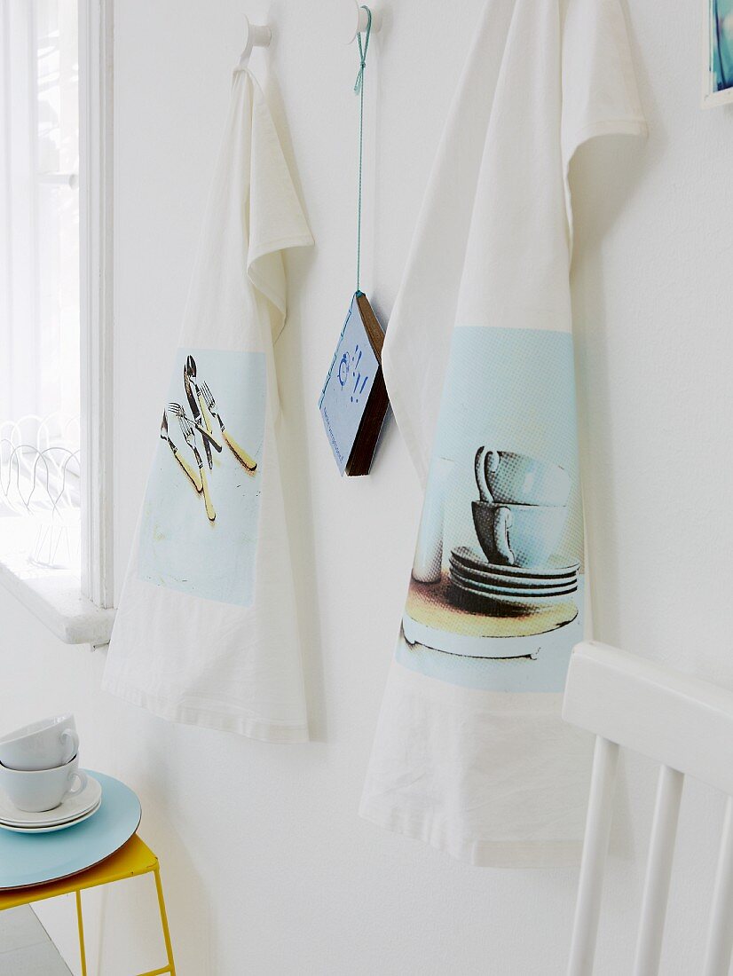 Photos of kitchen motifs as iron-on transfers on tea towels