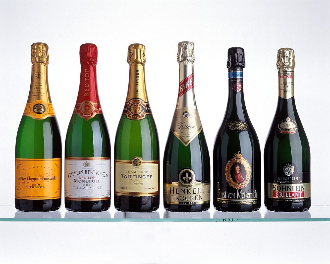 Six sparkling wine bottles with champagne and German Sekt