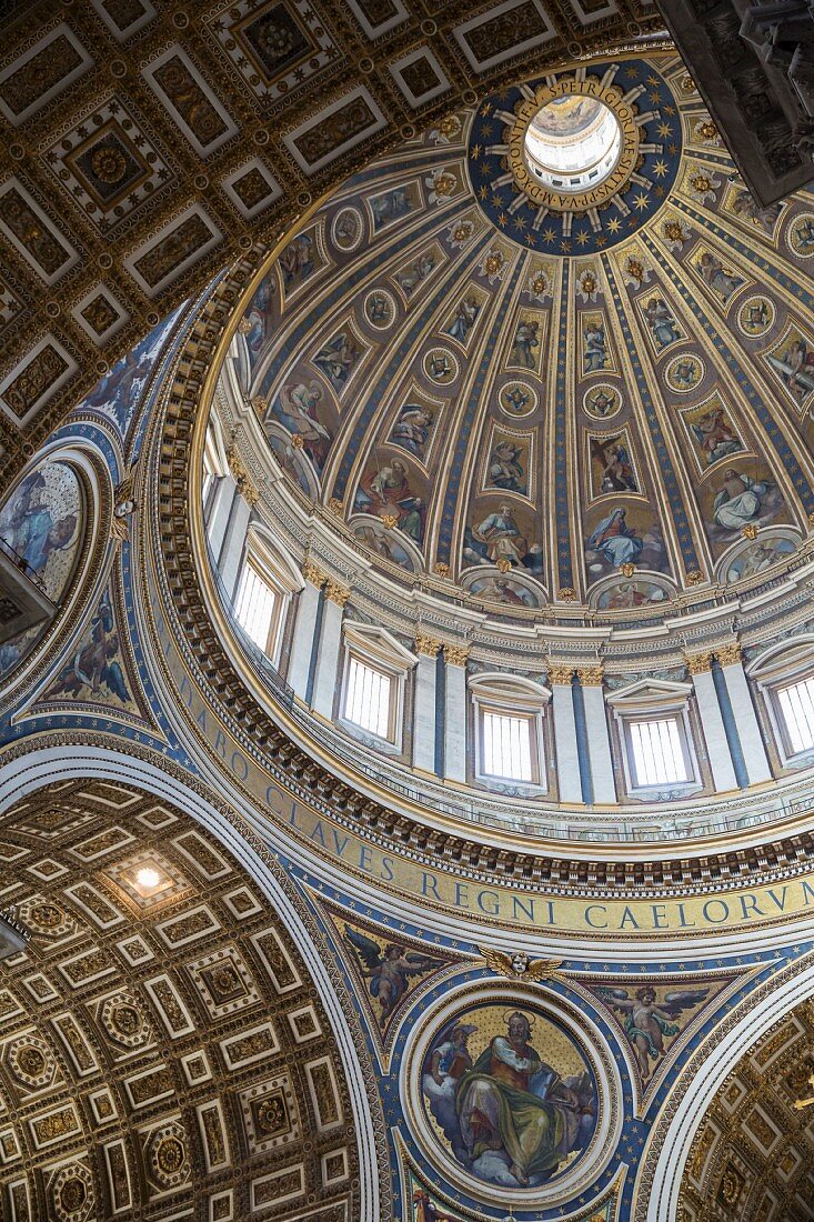 The imposing dome painted by Michelangelo in St Peter's Cathedral, Rome