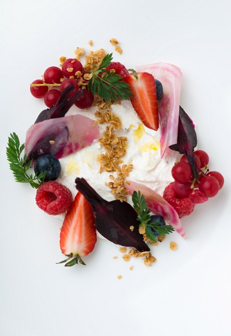 Greek yoghurt with berries, pickles and cereals