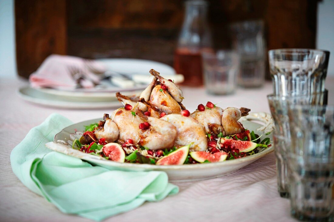 Roast wild poultry with figs and pomegranate seeds