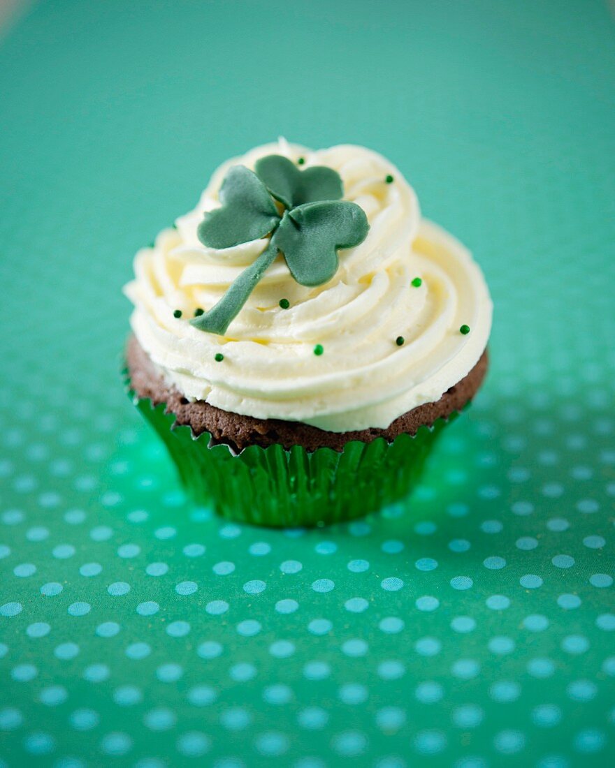 A chocolate and Guinness St Patrick's Day cupcake