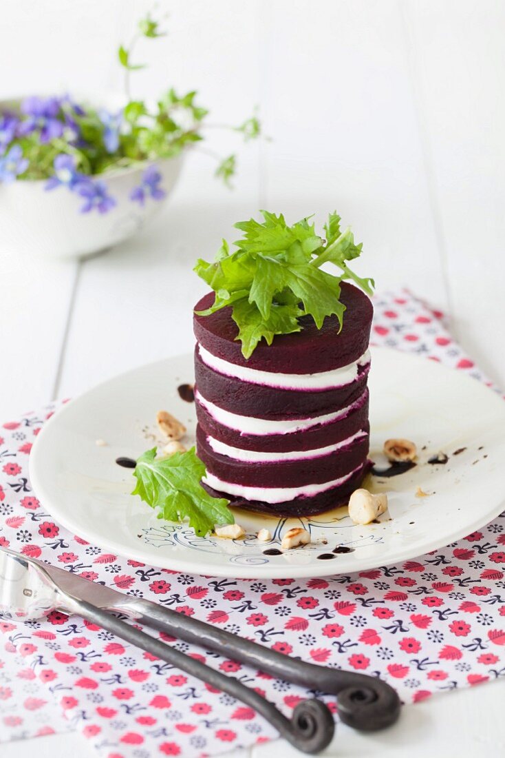 A beetroot and goat's cheese tower