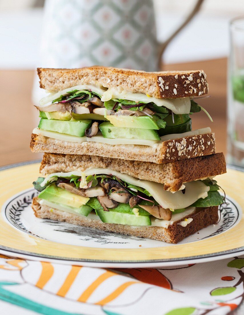 A summer sandwich with vegetables, mushrooms and cheese