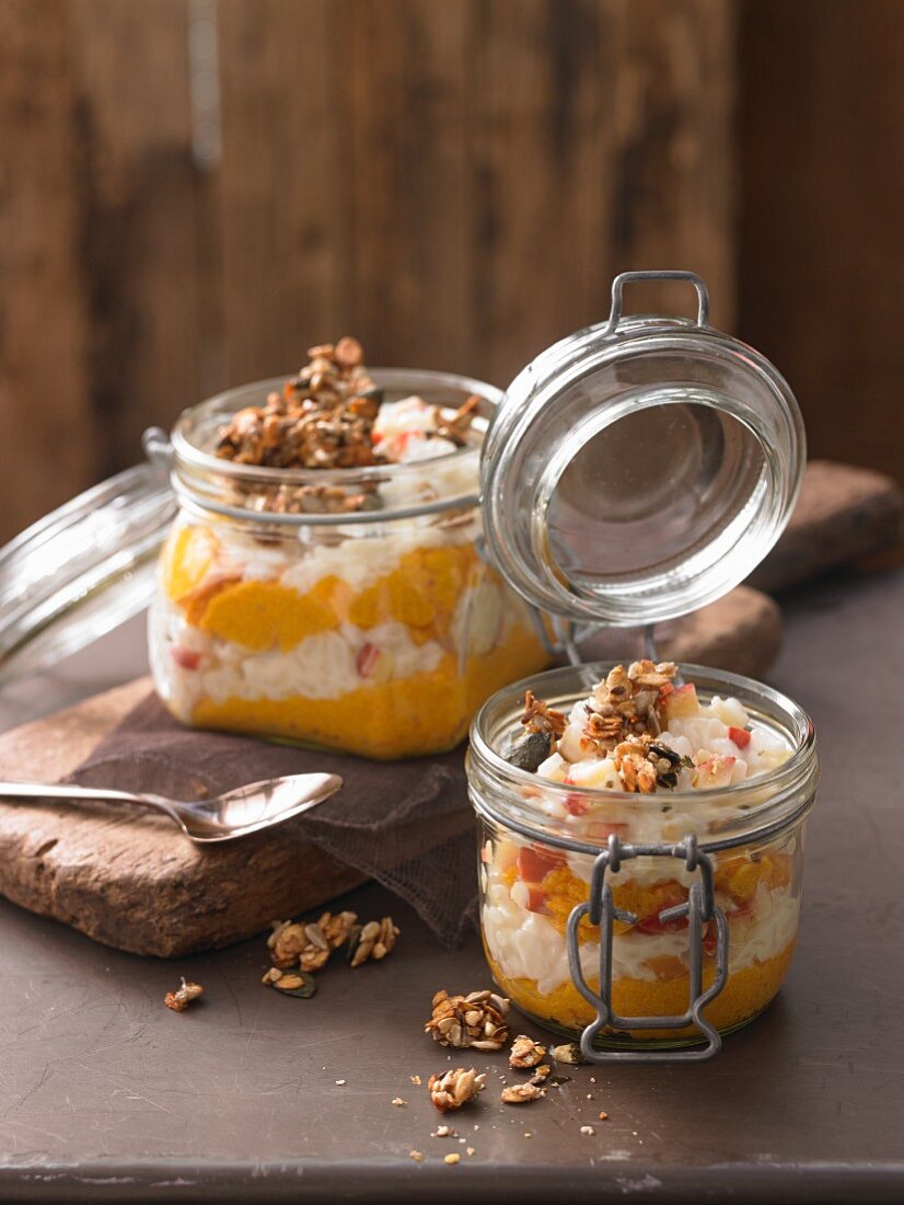 Rice pudding with carrot mousse and nuts