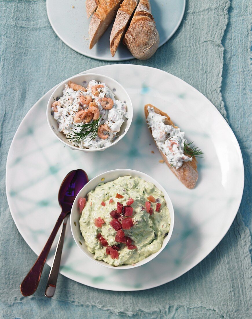 Shrimp dip with dill and a wild garlic dip with ham